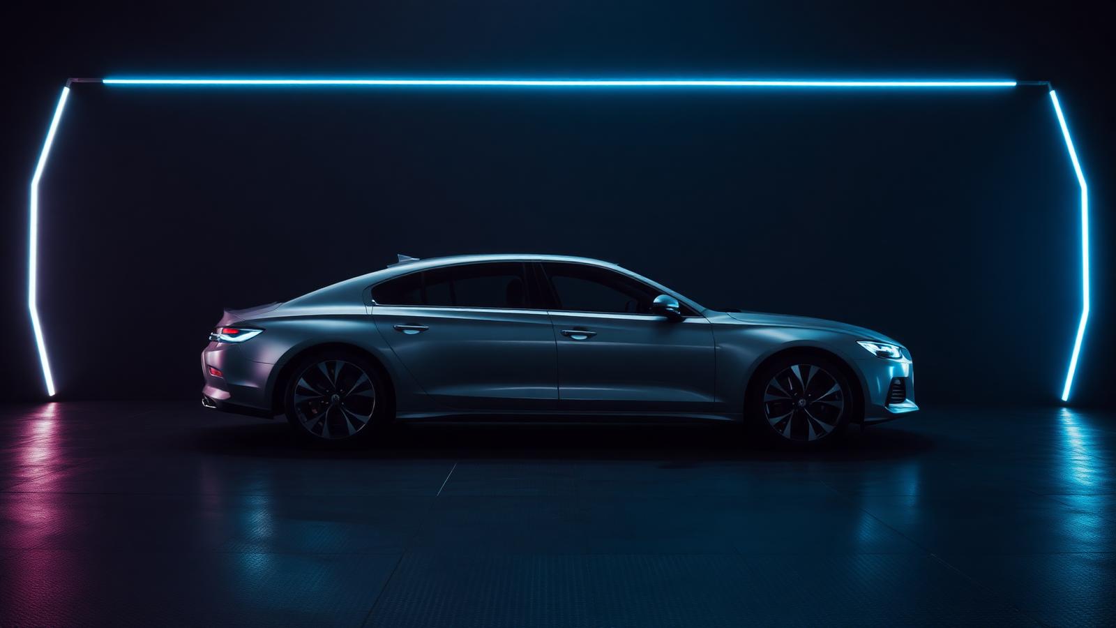 Silver sedan lit by blue studio lighting